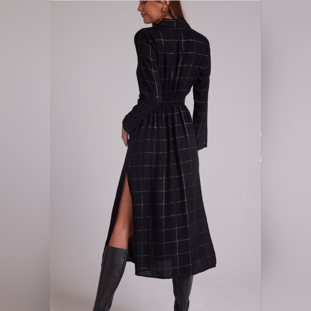 Anthropolgie Bella Dahl Plaid Black/Copper Smocked Waist Maxi Shirt Dress Sz XS